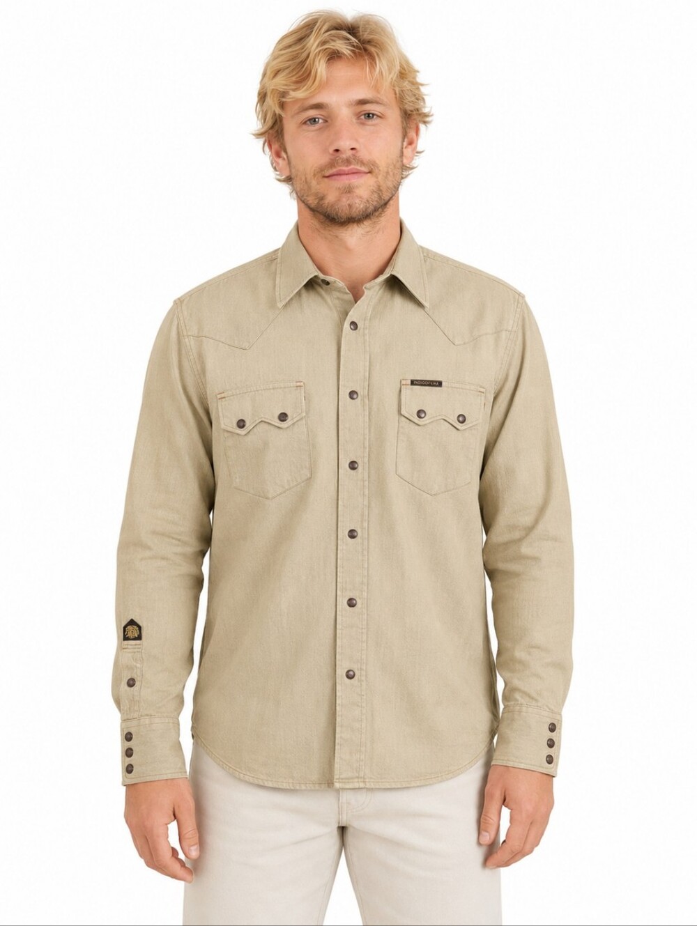 Indigofera Ryman 7.5oz Carson Beige Denim Western Snap Shirt Men Medium EUC $185